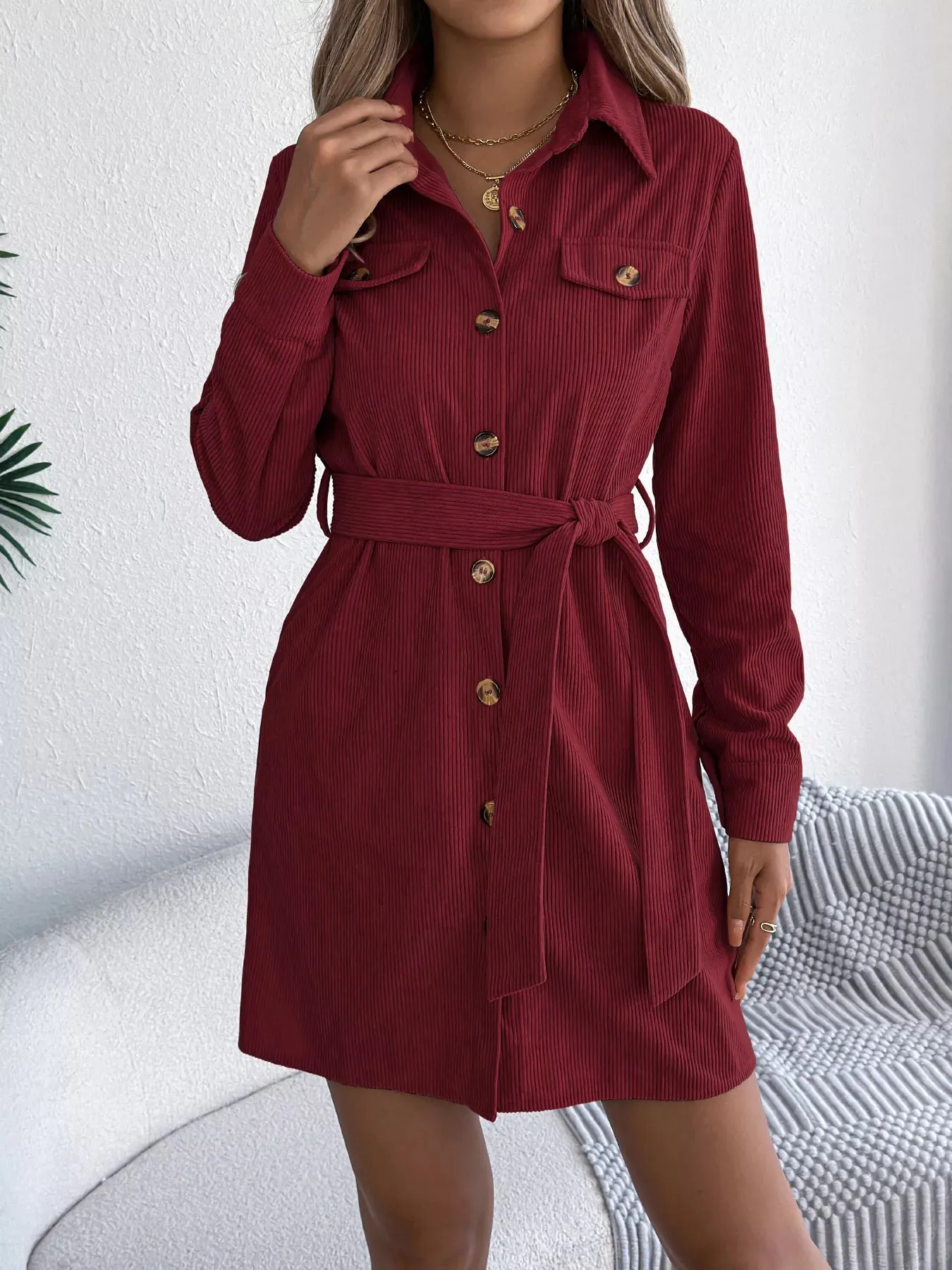 Button-Front Corduroy Shirt Dress sold by Charming Charlie product image thumbnail 2