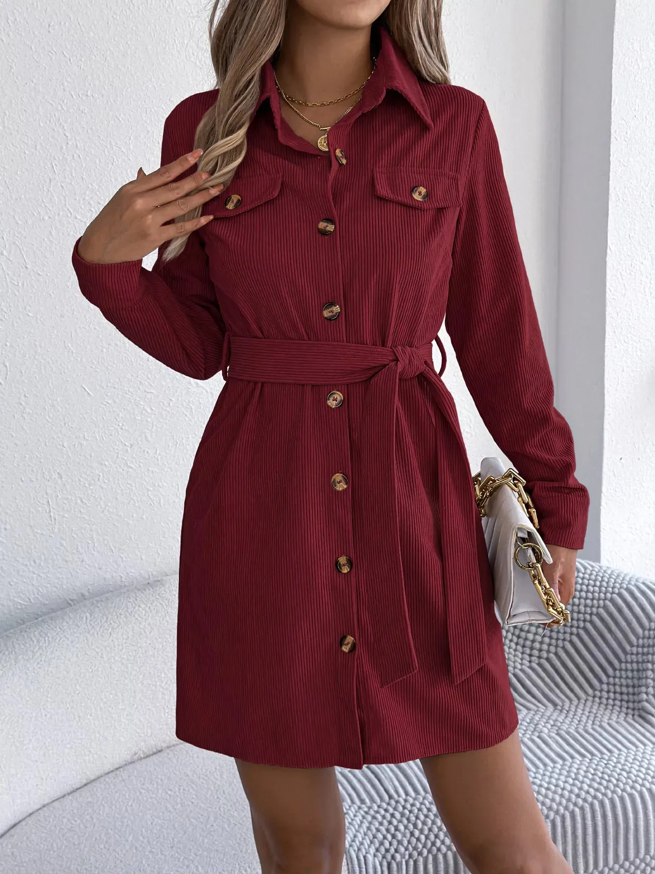 Button-Front Corduroy Shirt Dress sold by Charming Charlie product image thumbnail 3