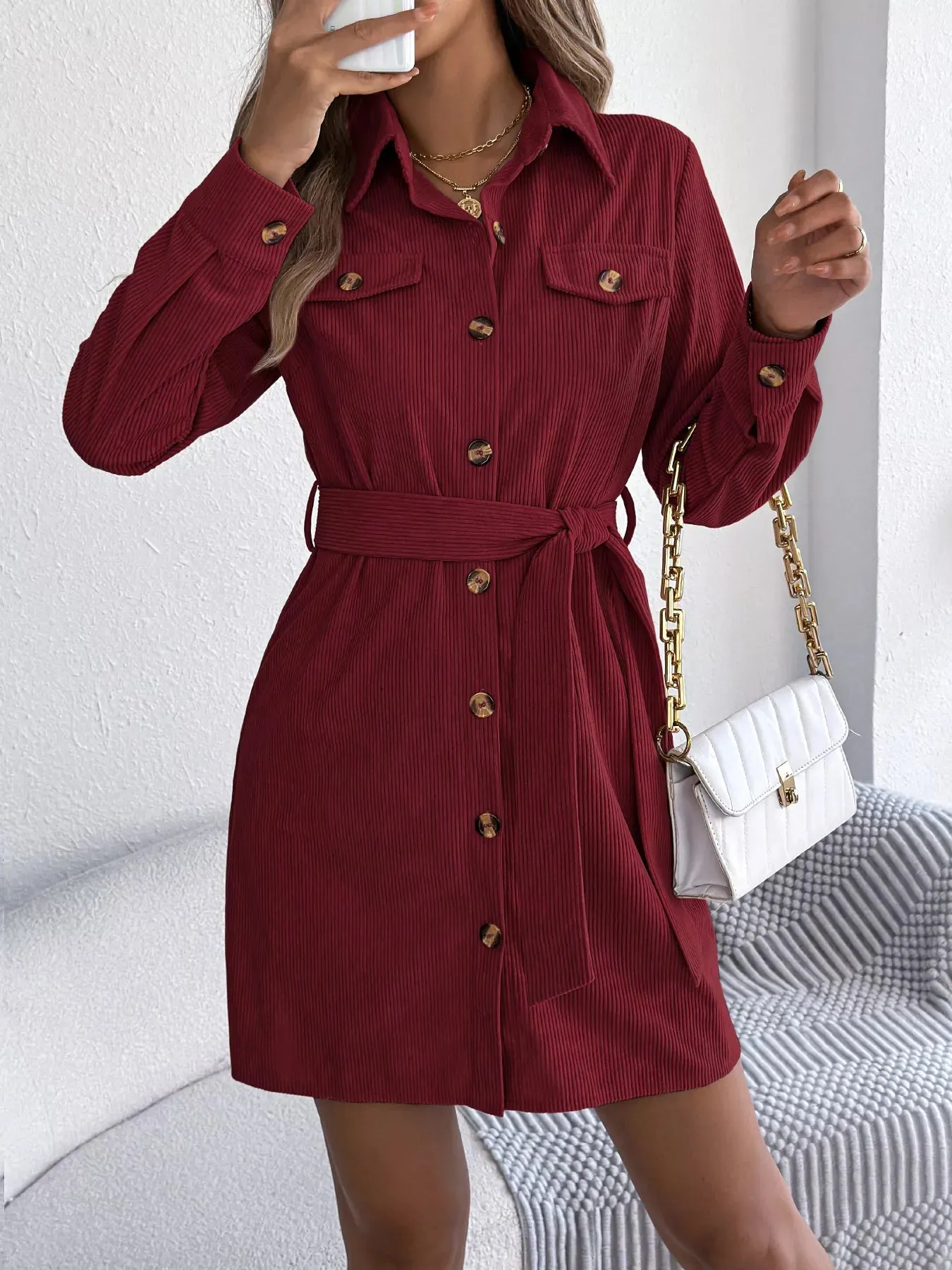 Button-Front Corduroy Shirt Dress sold by Charming Charlie