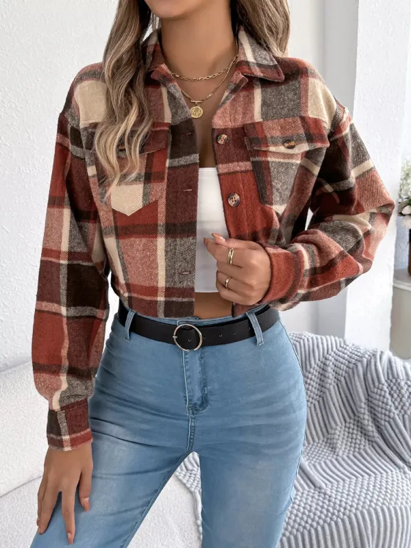 Plaid Button Up Cropped Jacket sold by Charming Charlie