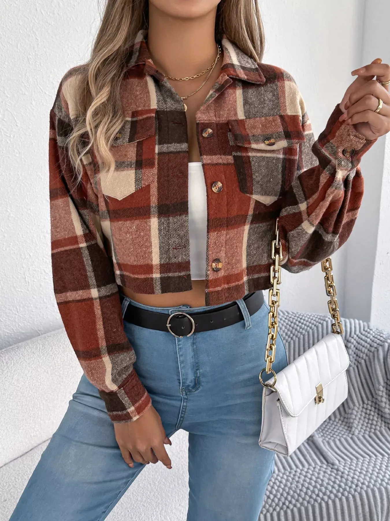 Plaid Button Up Cropped Jacket sold by Charming Charlie product image thumbnail 5
