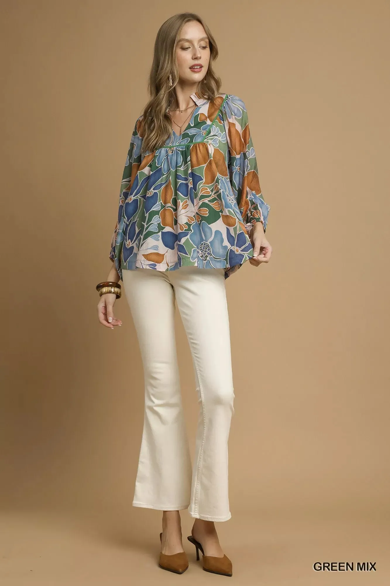 Umgee Multicolor Abstract Floral Print Blouse with Ruffle Neck sold by Charming Charlie product image thumbnail 4