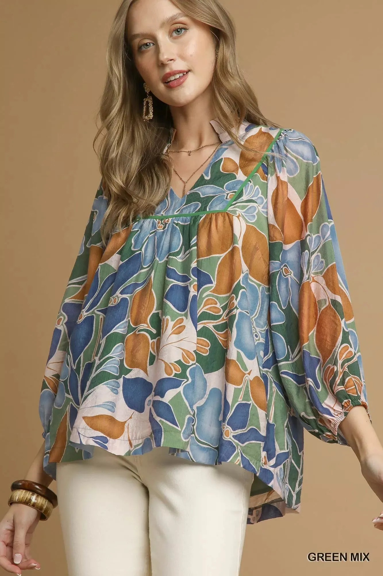 Umgee Multicolor Abstract Floral Print Blouse with Ruffle Neck sold by Charming Charlie