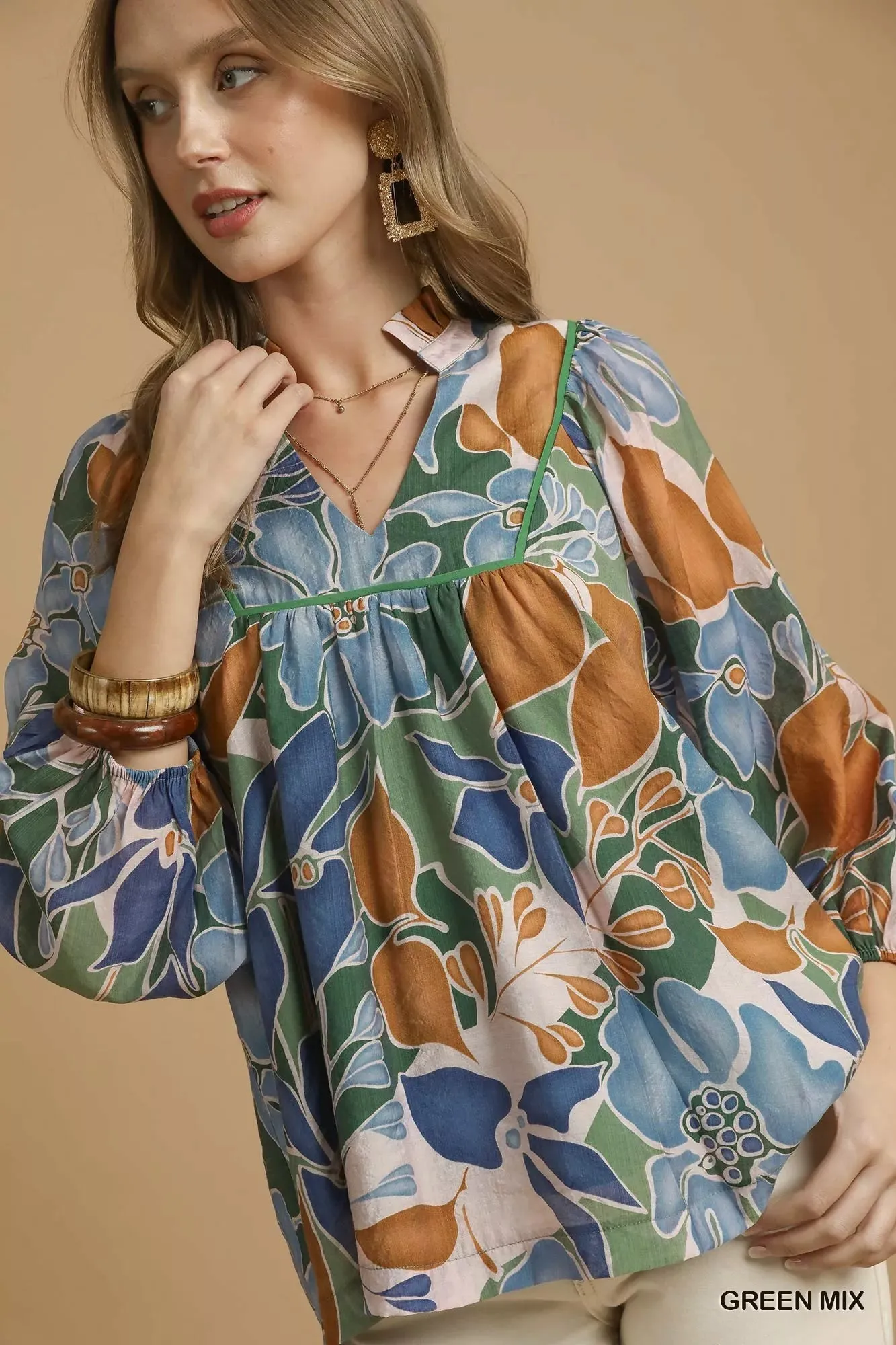 Umgee Multicolor Abstract Floral Print Blouse with Ruffle Neck sold by Charming Charlie product image thumbnail 5
