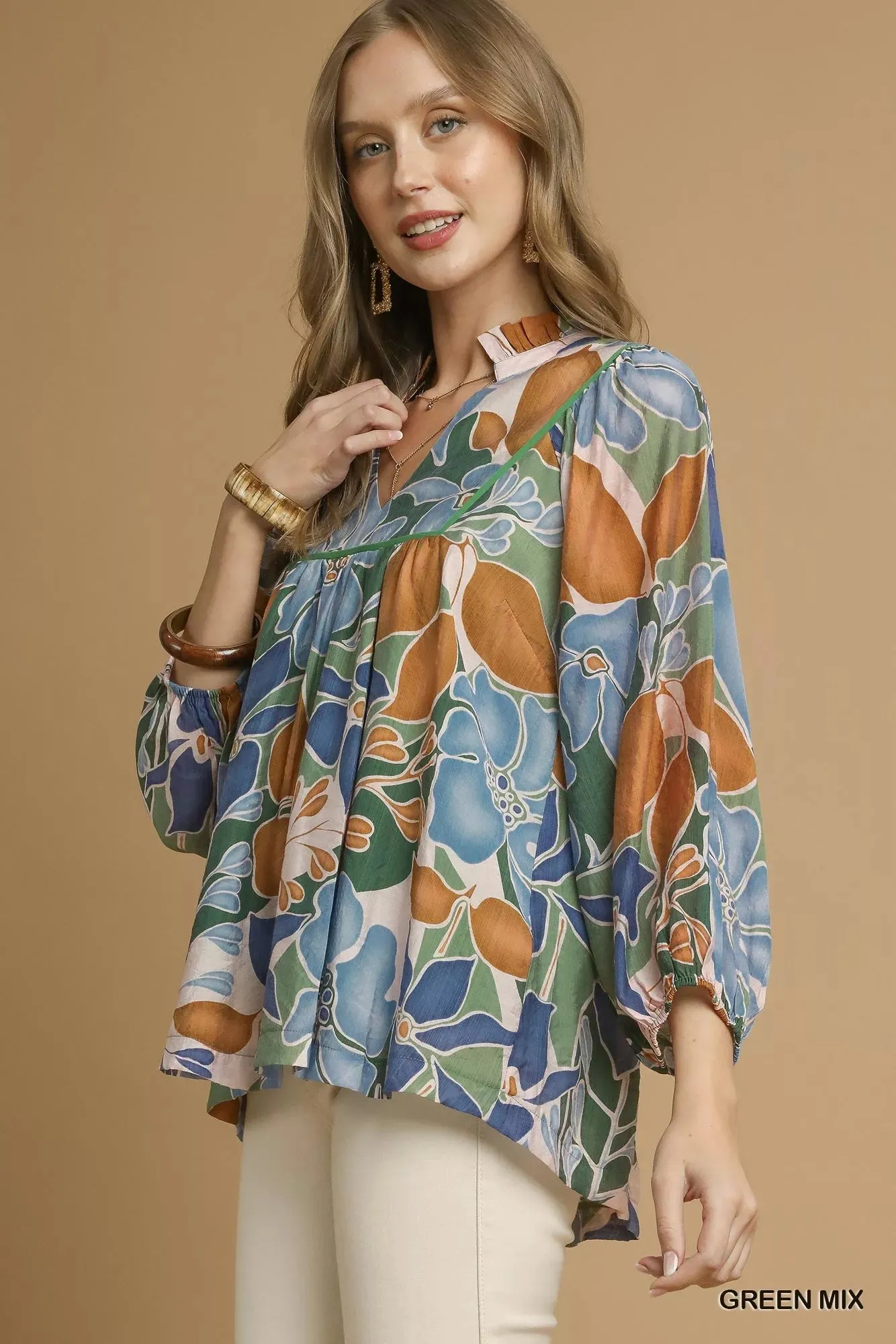 Umgee Multicolor Abstract Floral Print Blouse with Ruffle Neck sold by Charming Charlie product image thumbnail 2