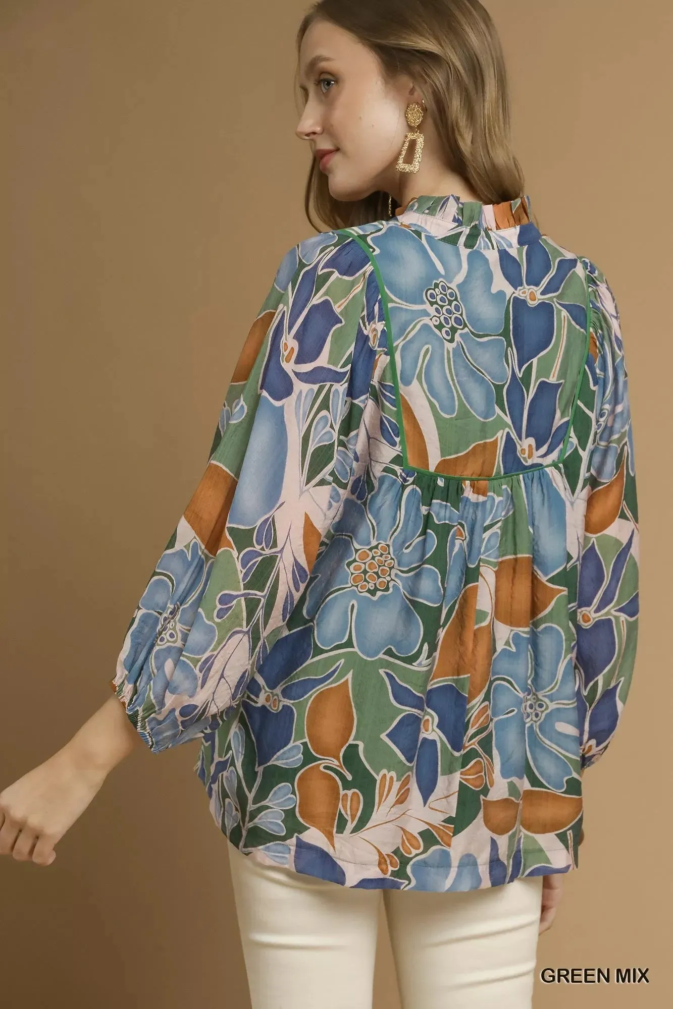 Umgee Multicolor Abstract Floral Print Blouse with Ruffle Neck sold by Charming Charlie product image thumbnail 3