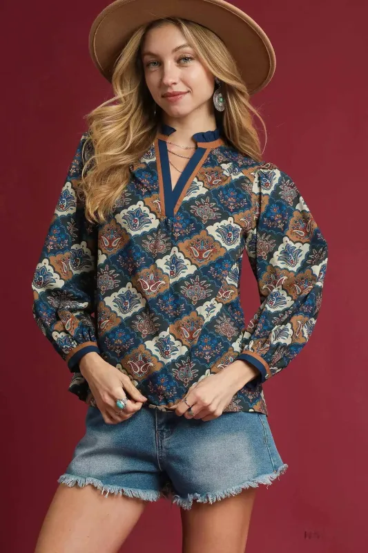 Umgee Abstract Print Ruffle Neck Top sold by Charming Charlie
