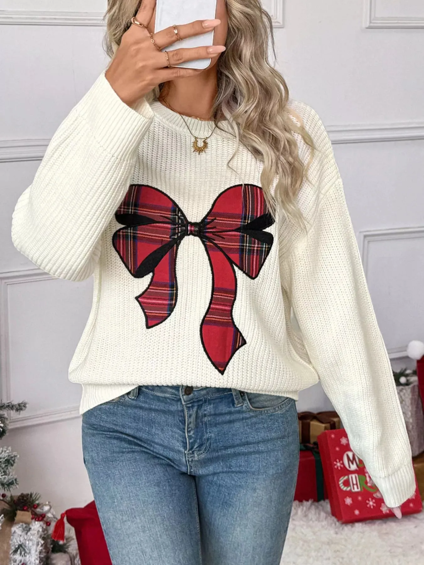 Christmas Bow Dropped Shoulder Sweater sold by Charming Charlie product image thumbnail 4
