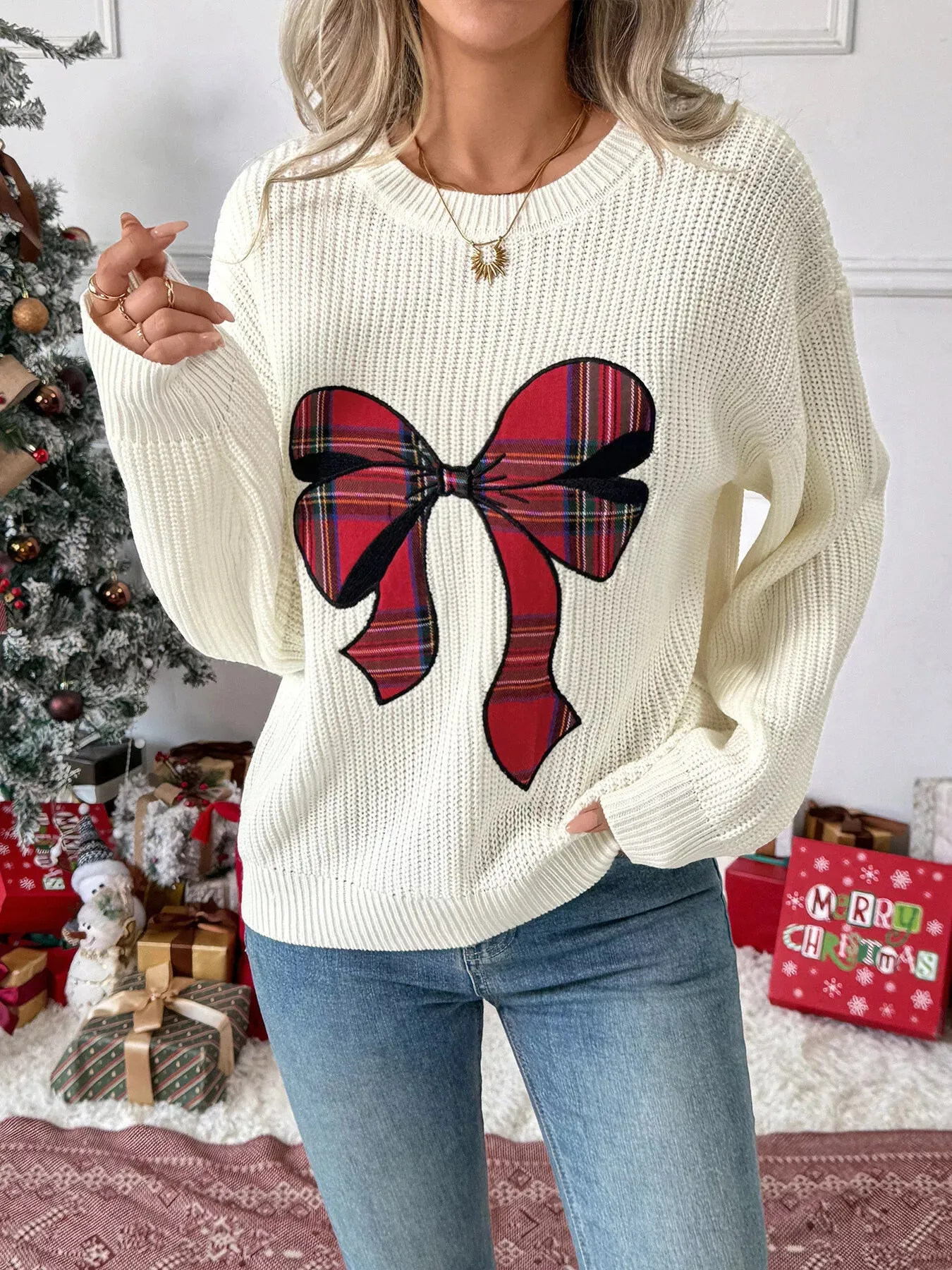 Christmas Bow Dropped Shoulder Sweater sold by Charming Charlie product image thumbnail 3