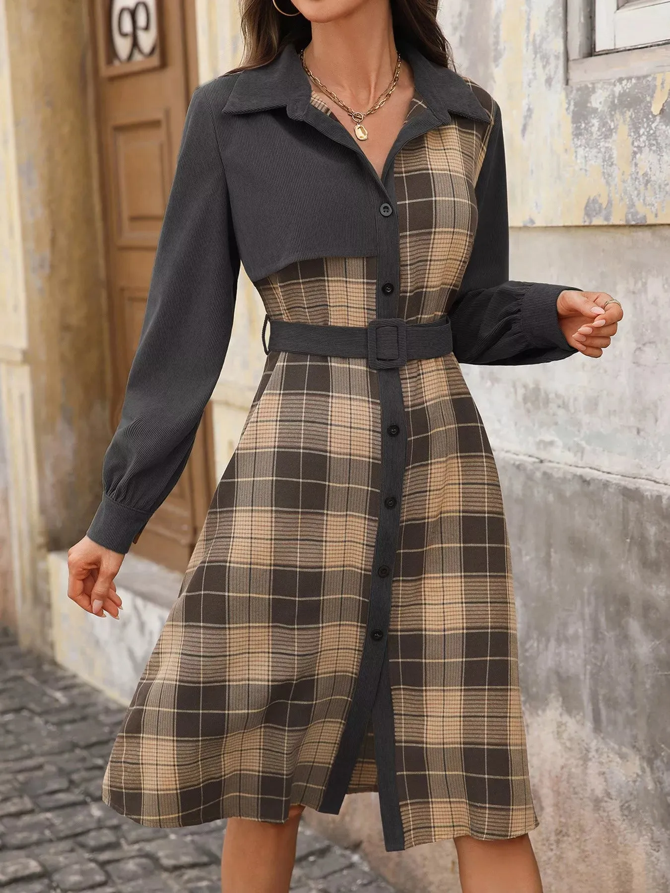 Plaid Button Up Long Sleeve Shirt Dress sold by Charming Charlie product image thumbnail 3