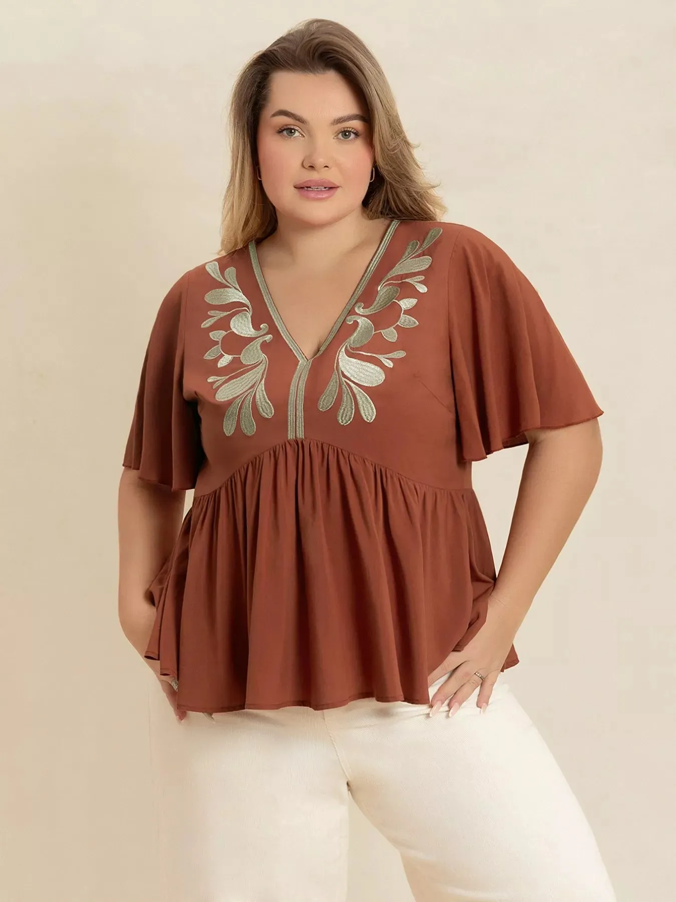 Plus Size Embroidered V-Neck Flutter Sleeve Blouse sold by Charming Charlie product image thumbnail 5