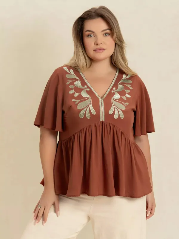 Plus Size Embroidered V-Neck Flutter Sleeve Blouse sold by Charming Charlie