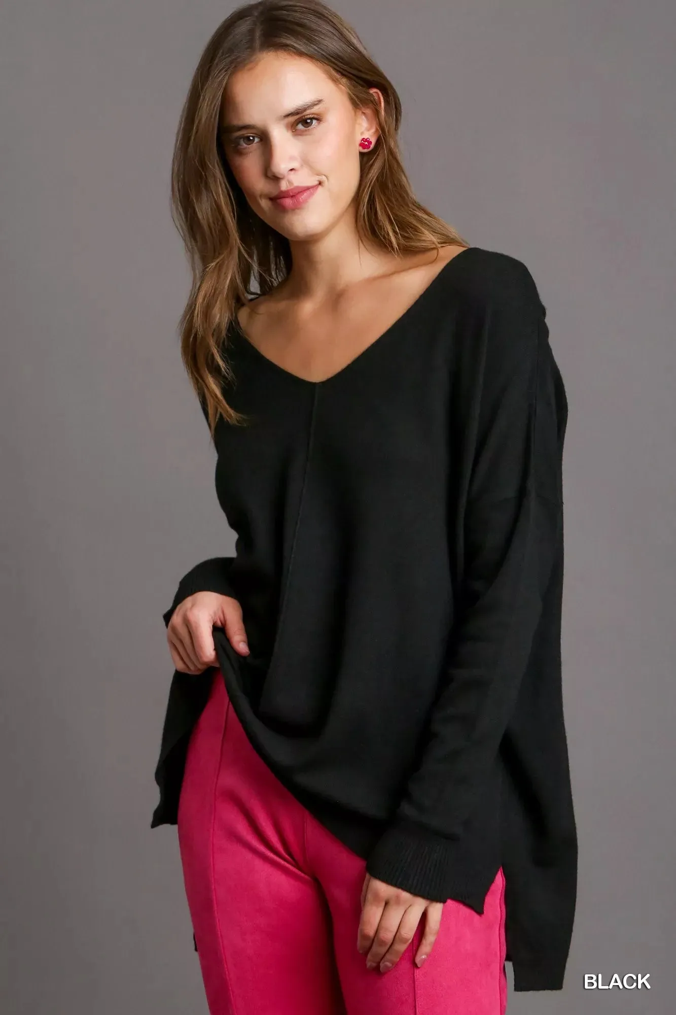 Umgee V-Neck High Low Hem Knit Top with Side Slit sold by Charming Charlie