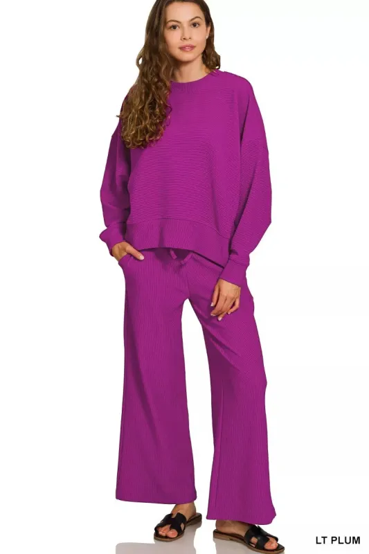 Zenana Ribbed Round Neck Pullover and Drawstring Pants Set sold by Charming Charlie