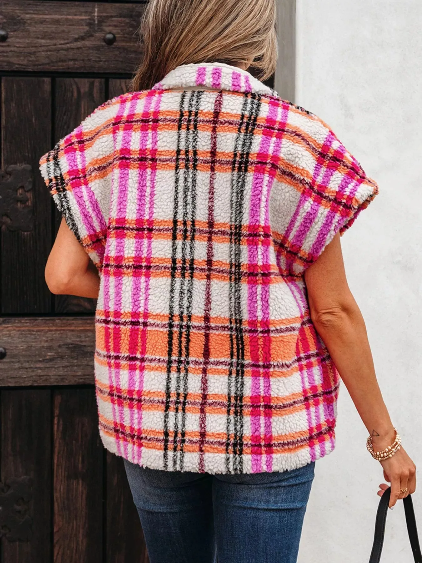 Sherpa Plaid Snap Down Vest Coat sold by Charming Charlie product image thumbnail 4