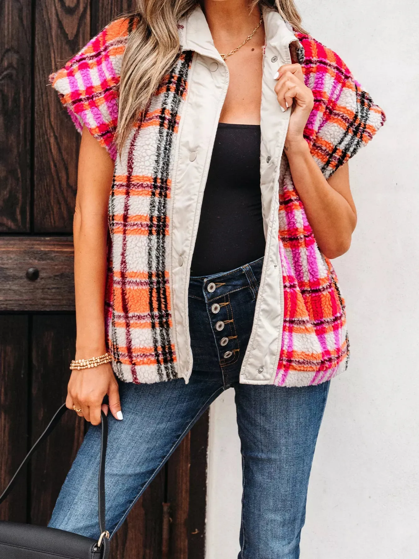 Sherpa Plaid Snap Down Vest Coat sold by Charming Charlie