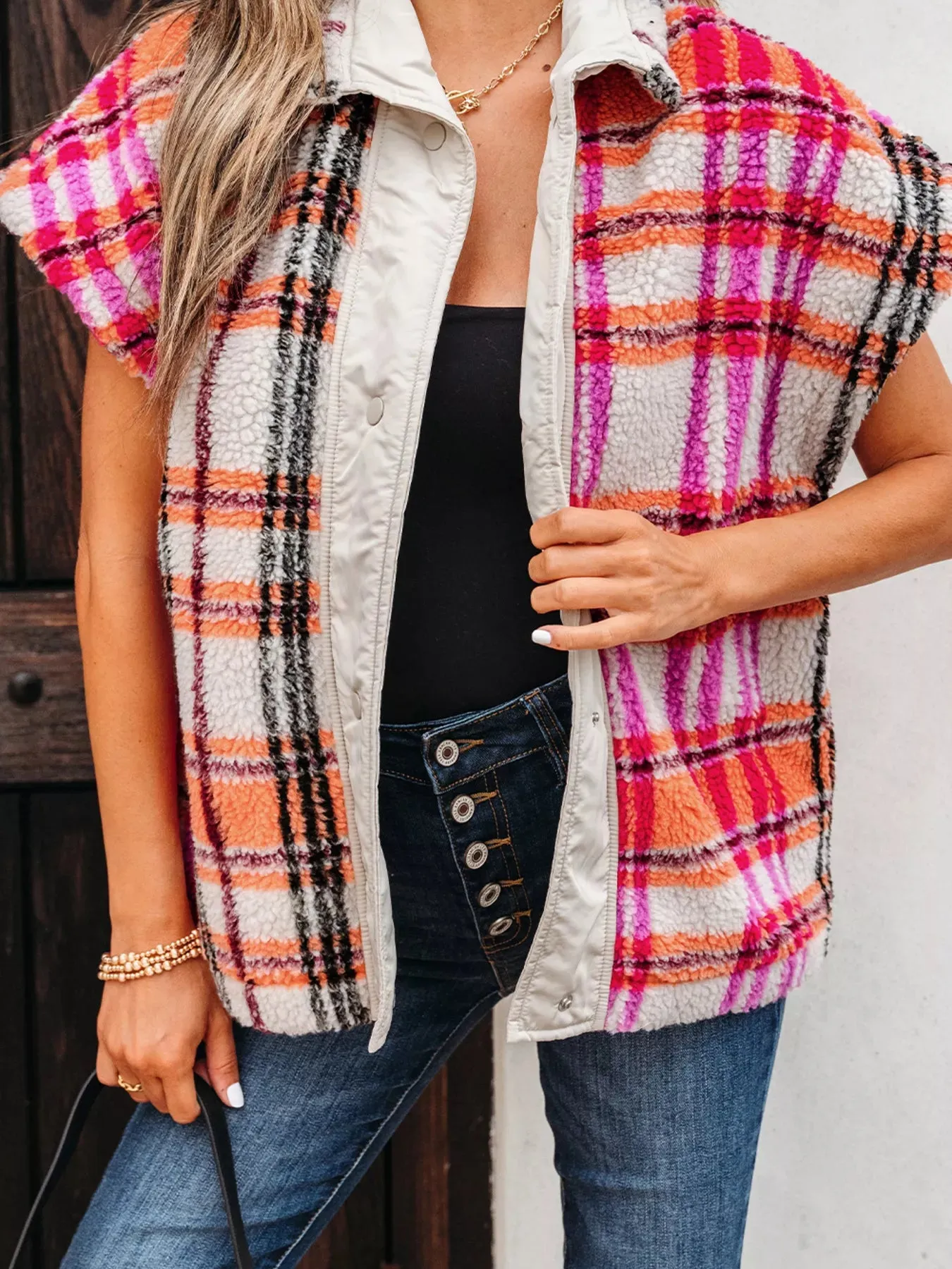 Sherpa Plaid Snap Down Vest Coat sold by Charming Charlie product image thumbnail 2