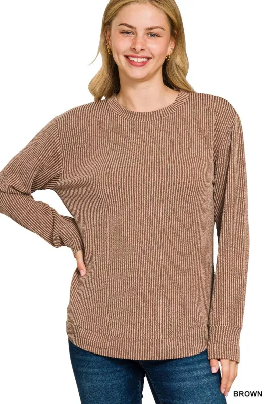 Zenana Full Size Raised Rib Round Neck Long Sleeve Top Plus Size sold by Charming Charlie