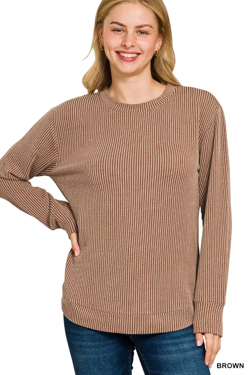 Zenana Full Size Raised Rib Round Neck Long Sleeve Top Plus Size sold by Charming Charlie