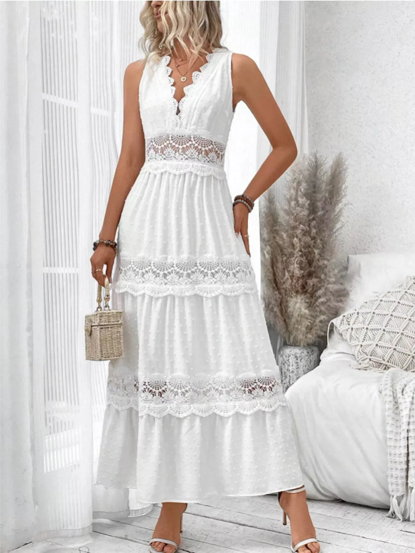 Full Size Lace Detail Tie Back Sleeveless Tiered Dress Plus Size sold by Charming Charlie