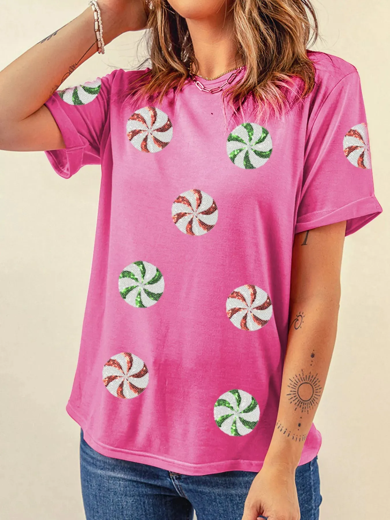 Sequined Candy Swirl Christmas Short Sleeve T Shirt sold by Charming Charlie