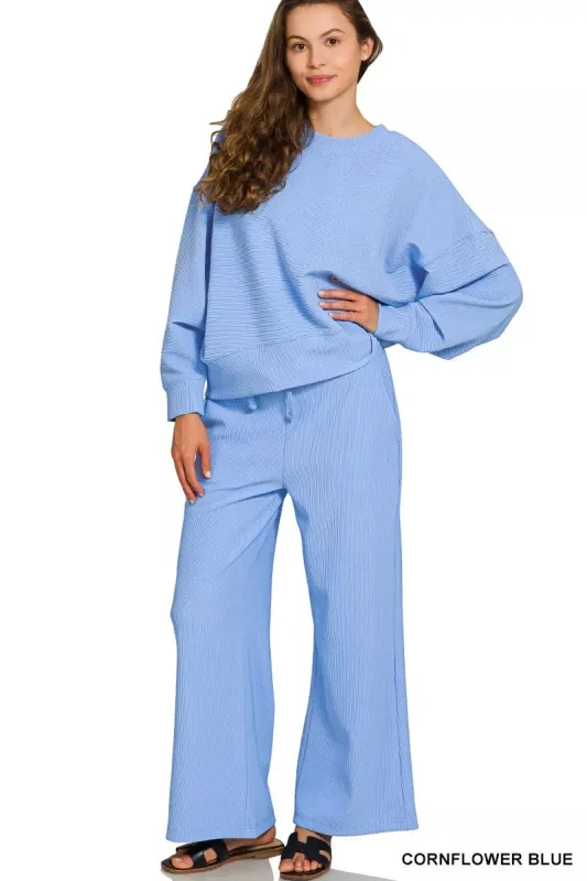 Zenana Ribbed Round Neck Pullover and Drawstring Pants Set sold by Charming Charlie