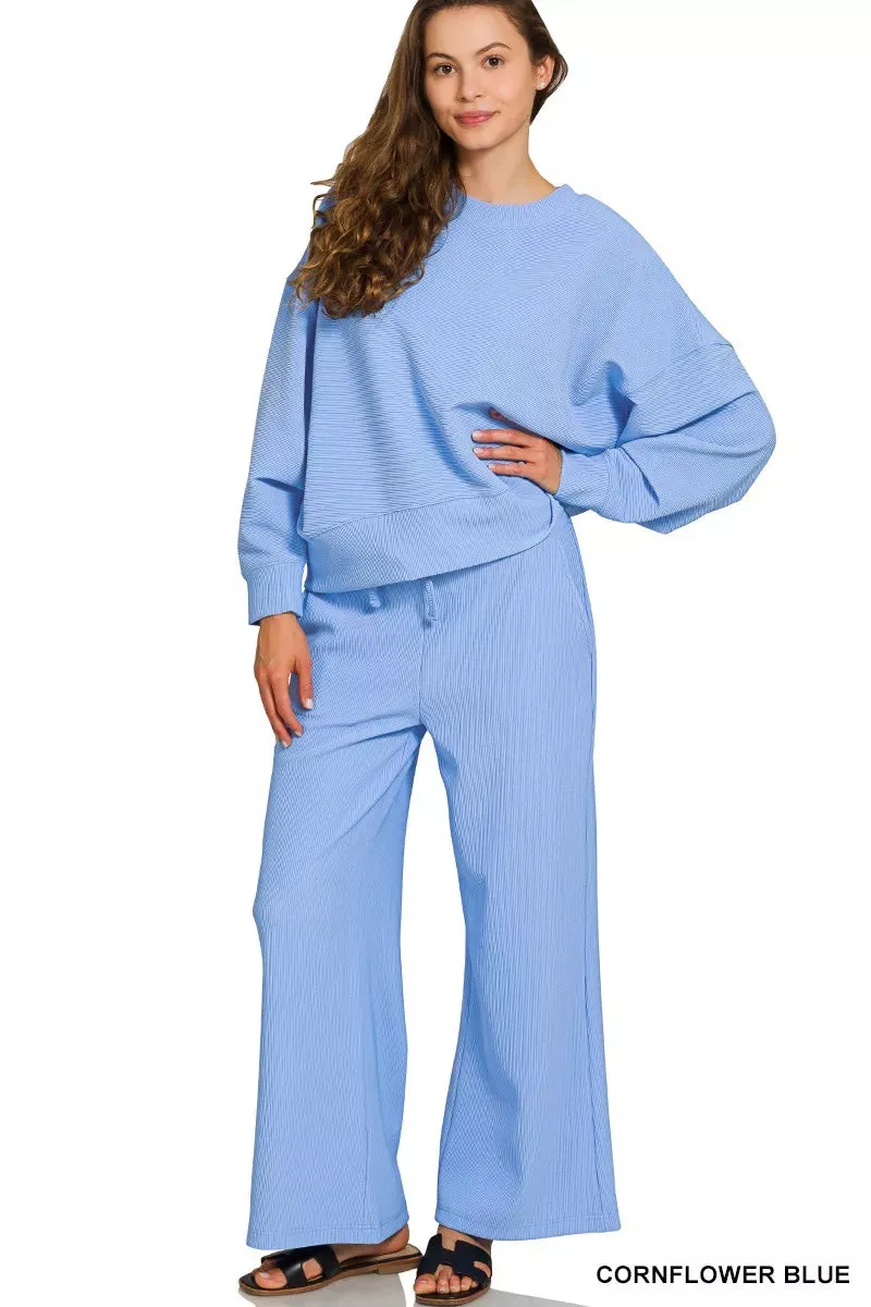Zenana Ribbed Round Neck Pullover and Drawstring Pants Set sold by Charming Charlie
