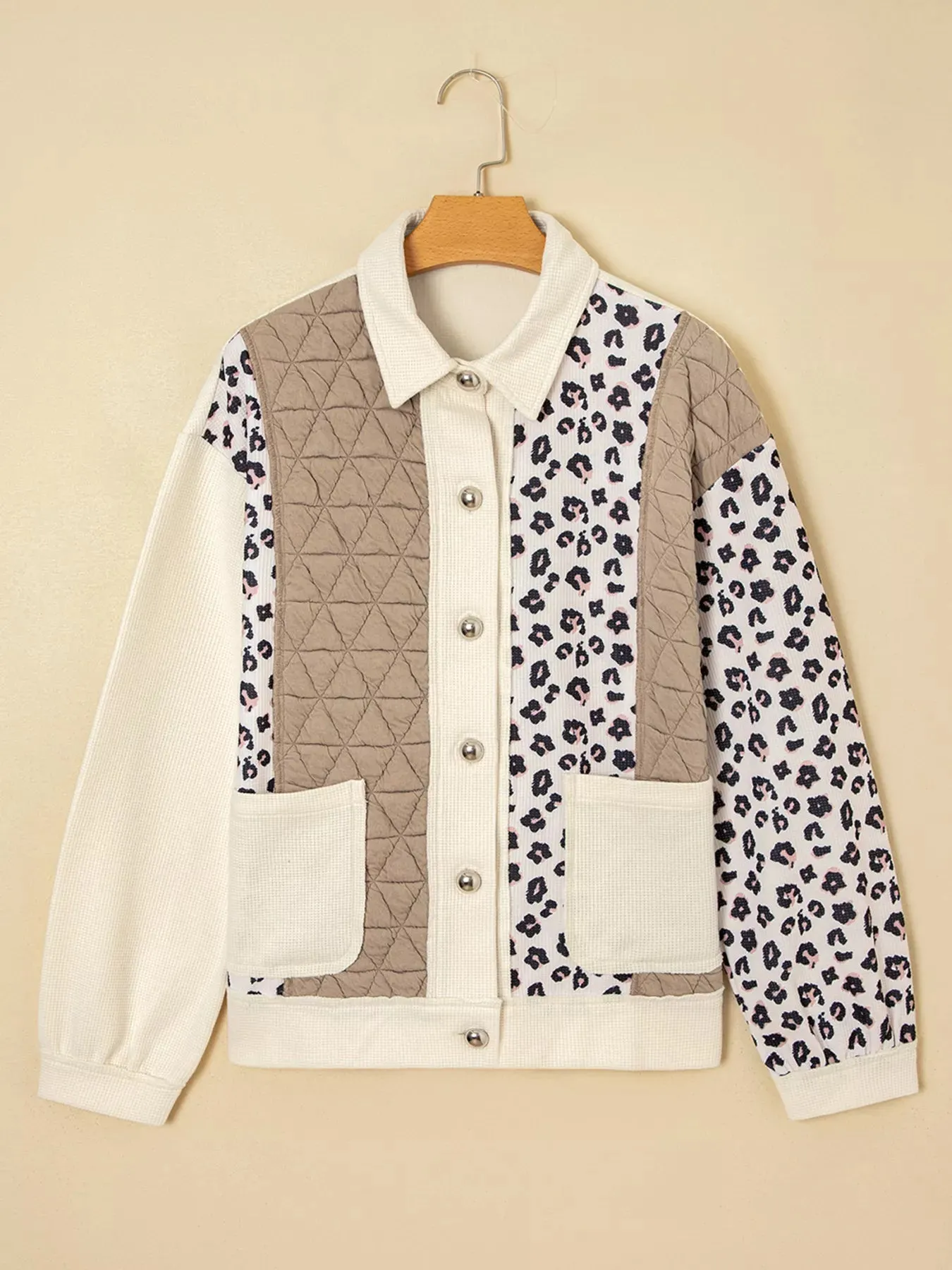 Leopard Waffle Quilted Patchwork Button Front Jacket sold by Charming Charlie product image thumbnail 5
