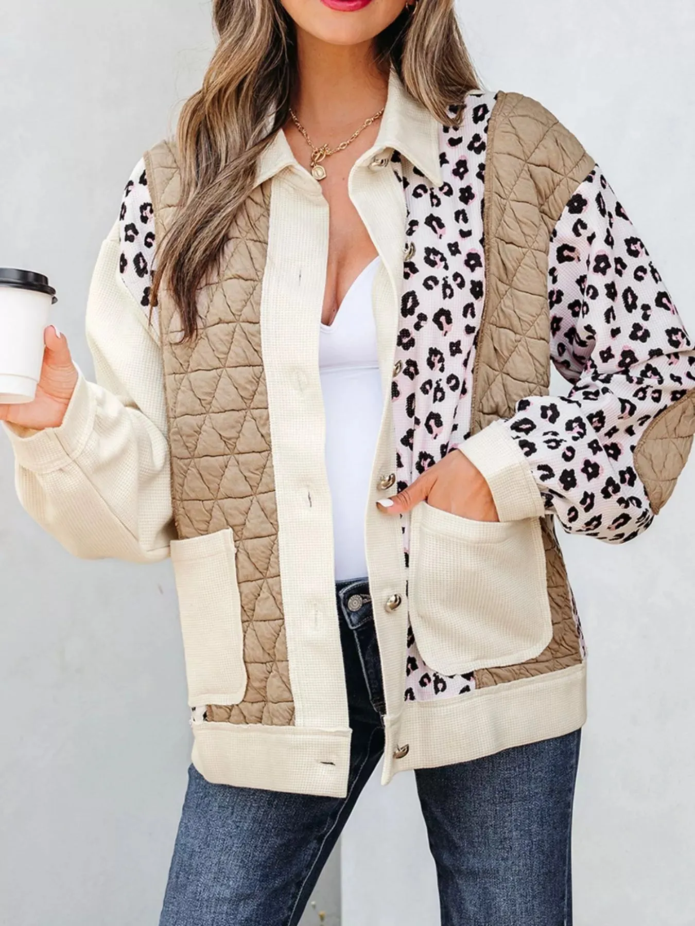 Leopard Waffle Quilted Patchwork Button Front Jacket sold by Charming Charlie product image thumbnail 2