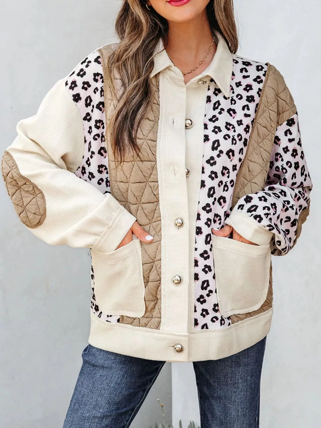 Leopard Waffle Quilted Patchwork Button Front Jacket sold by Charming Charlie product image thumbnail 3