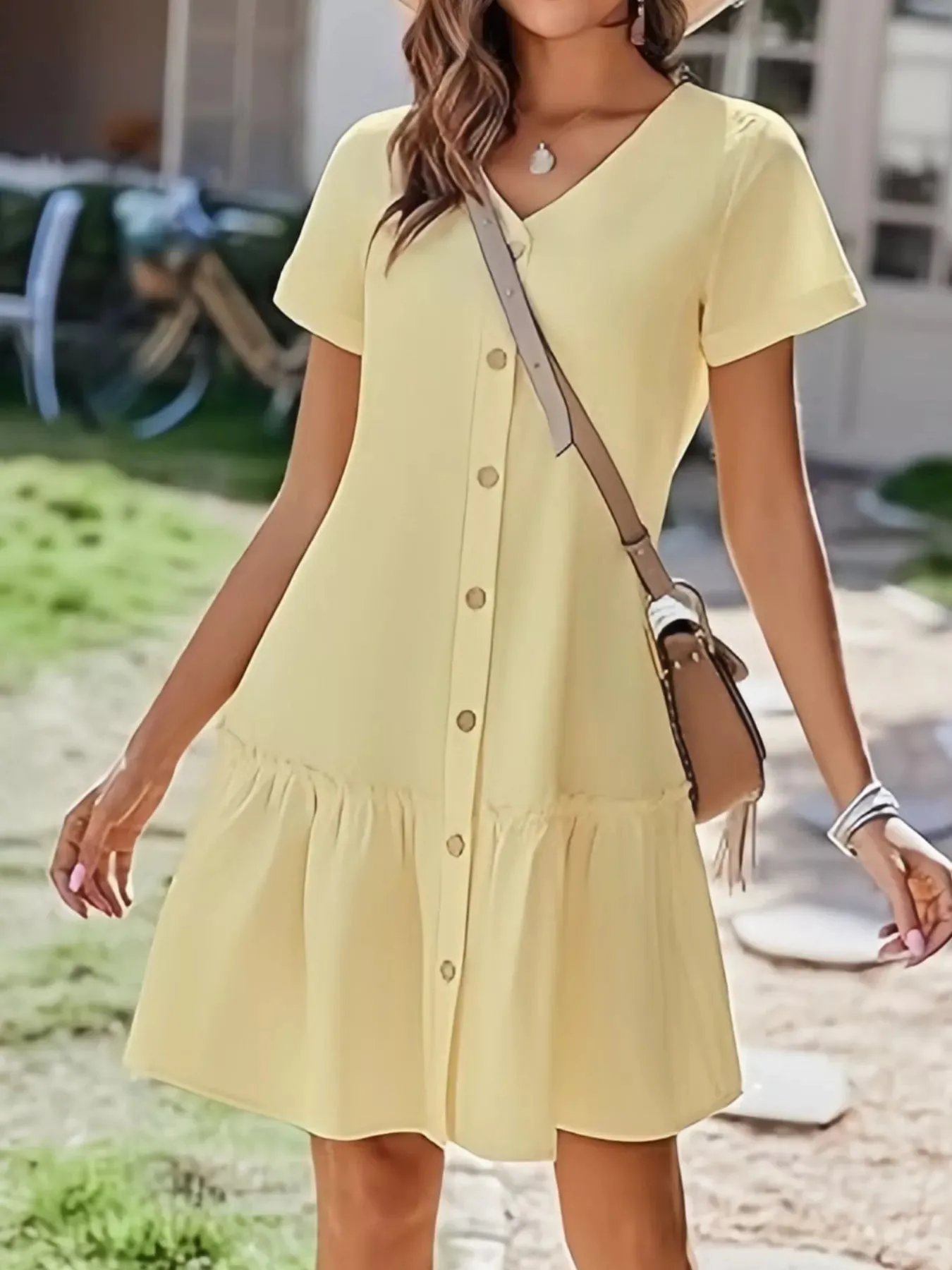 Full Size Button-Front Short Sleeve Tiered Dress Plus Size sold by Charming Charlie product image thumbnail 5