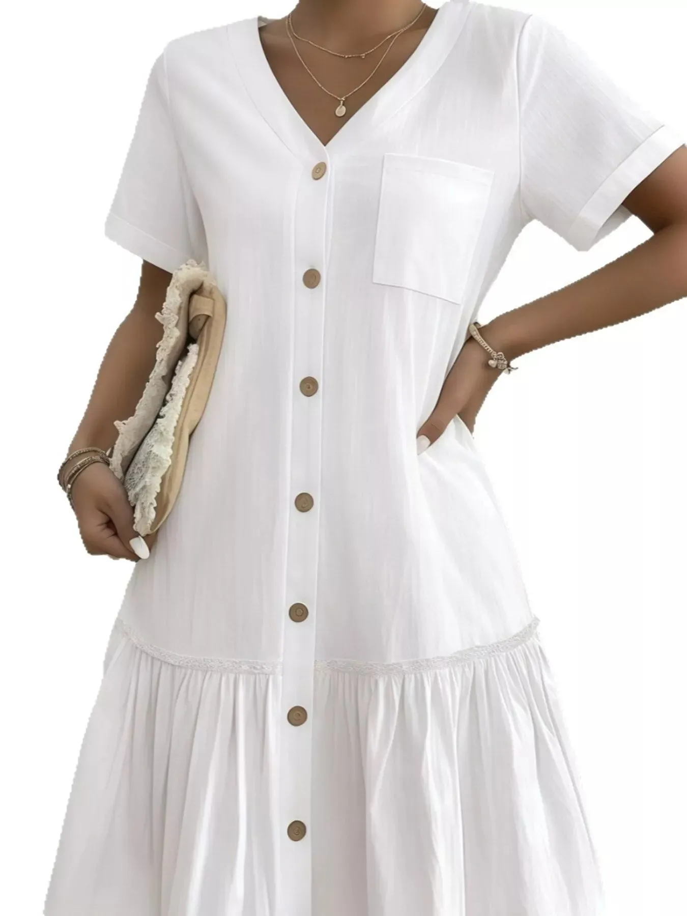 Full Size Button-Front Short Sleeve Tiered Dress Plus Size sold by Charming Charlie product image thumbnail 3