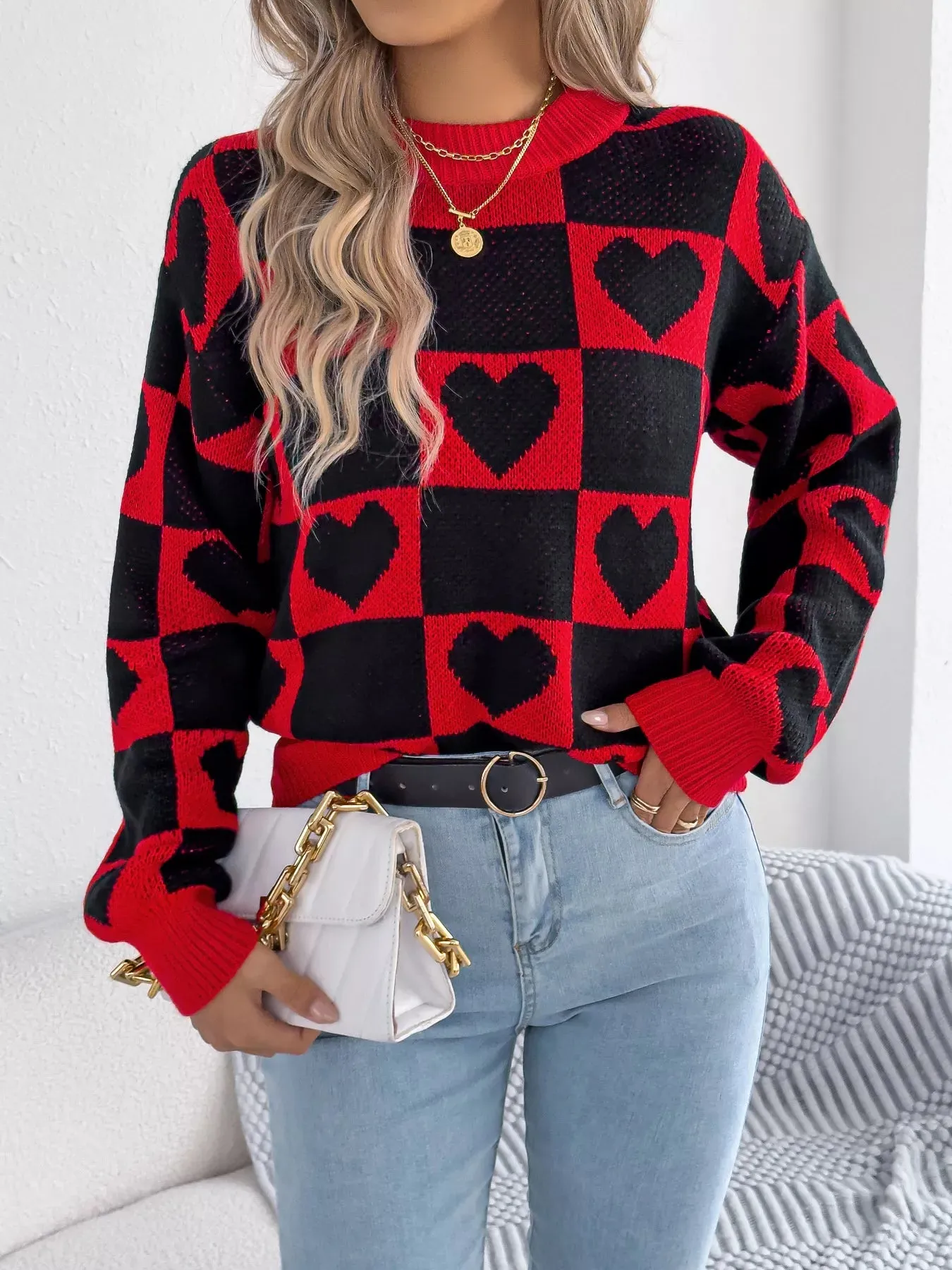 Heart Checkerboard Pattern Round Neck Sweater sold by Charming Charlie product image thumbnail 5