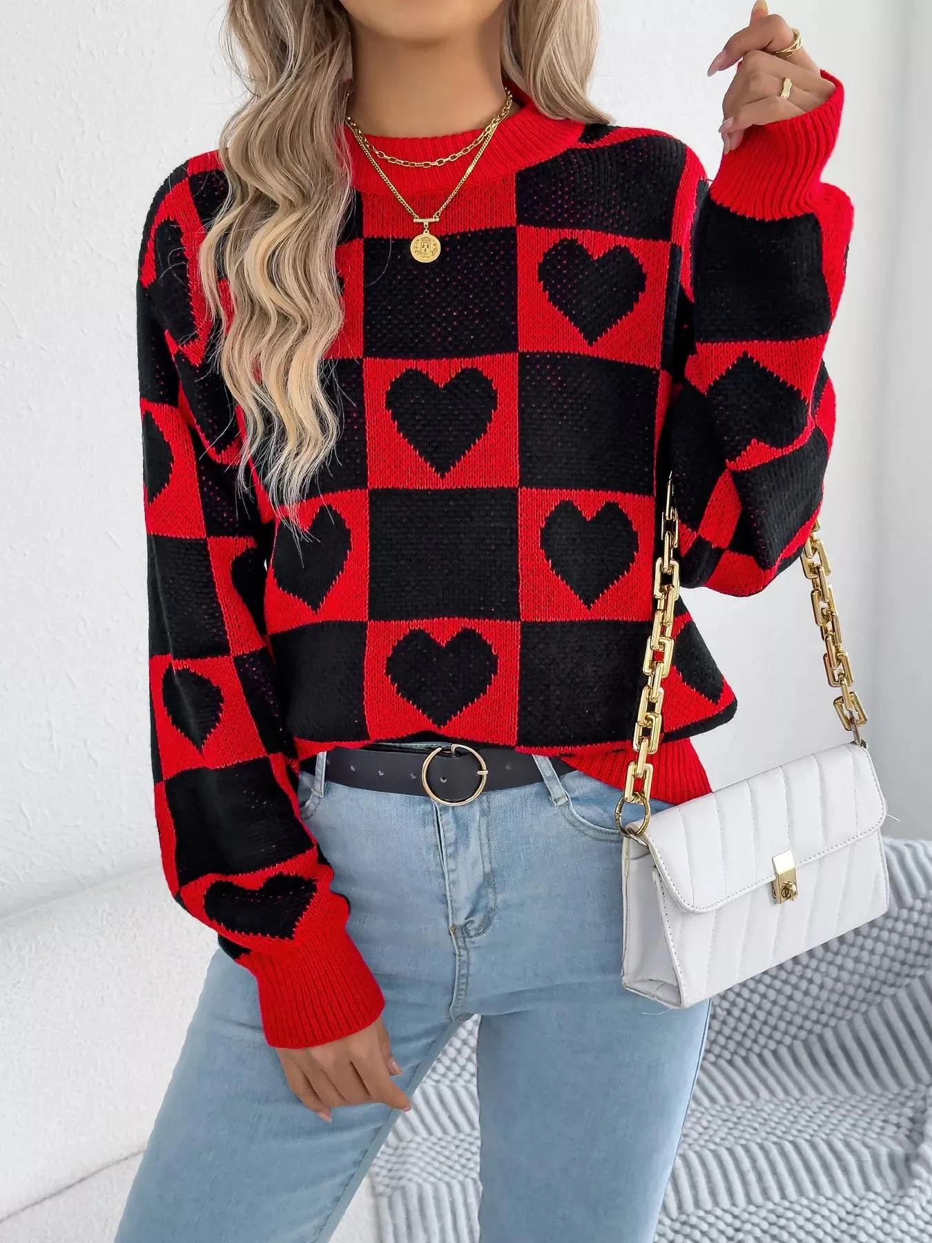 Heart Checkerboard Pattern Round Neck Sweater sold by Charming Charlie product image thumbnail 3