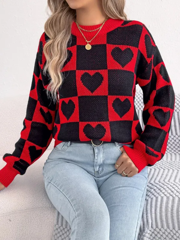 Heart Checkerboard Pattern Round Neck Sweater sold by Charming Charlie