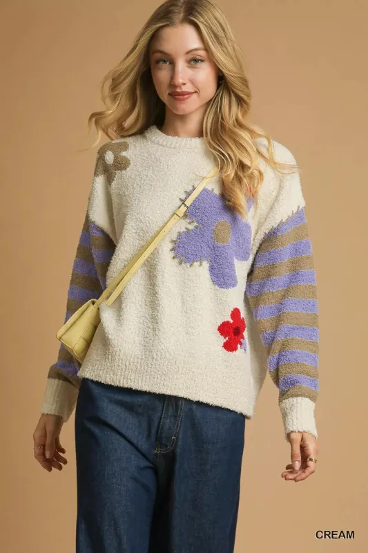 Umgee Flower Jacquard Striped Long Sleeve Sweater sold by Charming Charlie