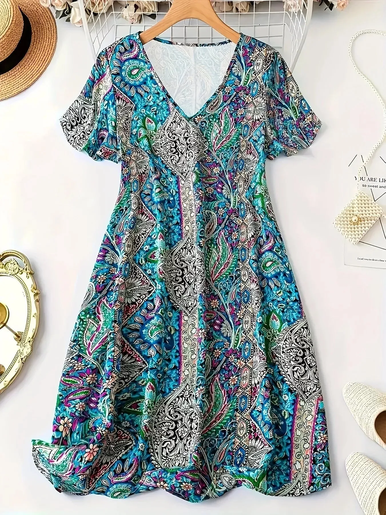 Plus Size Paisley Print V-Neck Short Sleeve Dress sold by Charming Charlie
