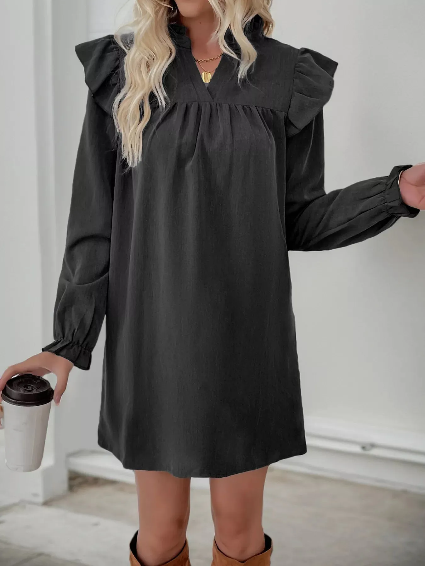 Ruffled Notched Flounce Sleeve Dress sold by Charming Charlie product image thumbnail 2
