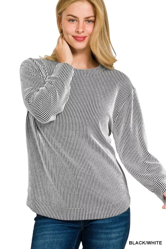 Zenana Full Size Raised Rib Round Neck Long Sleeve Top Plus Size made by Trendsi