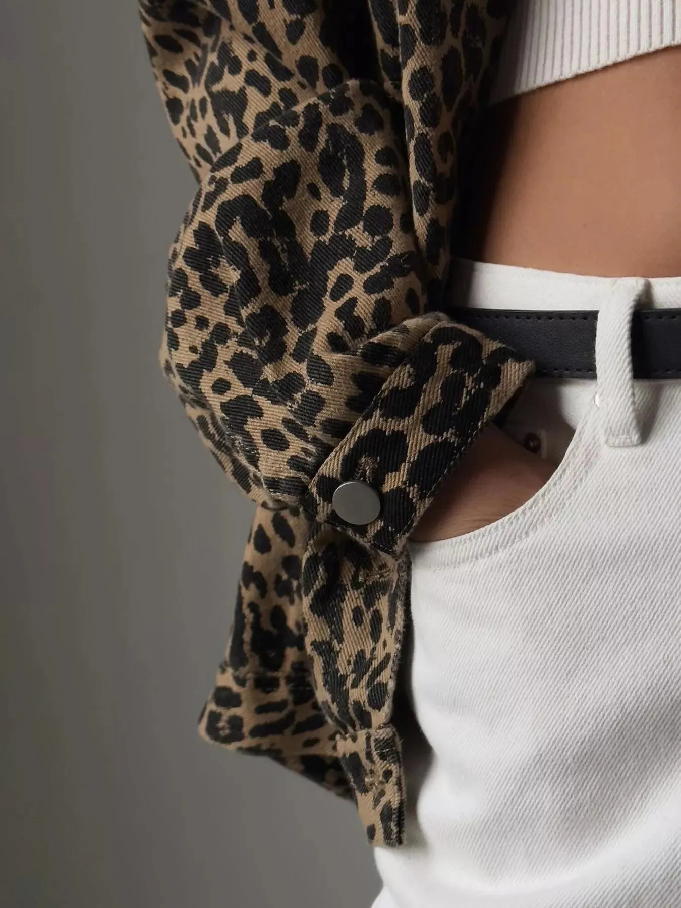 Leopard Button Up Long Sleeve Denim Jacket sold by Charming Charlie product image thumbnail 3