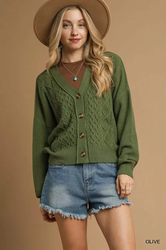 Umgee Chunky Cable Knit V-Neck Button-Up Cardigan sold by Charming Charlie