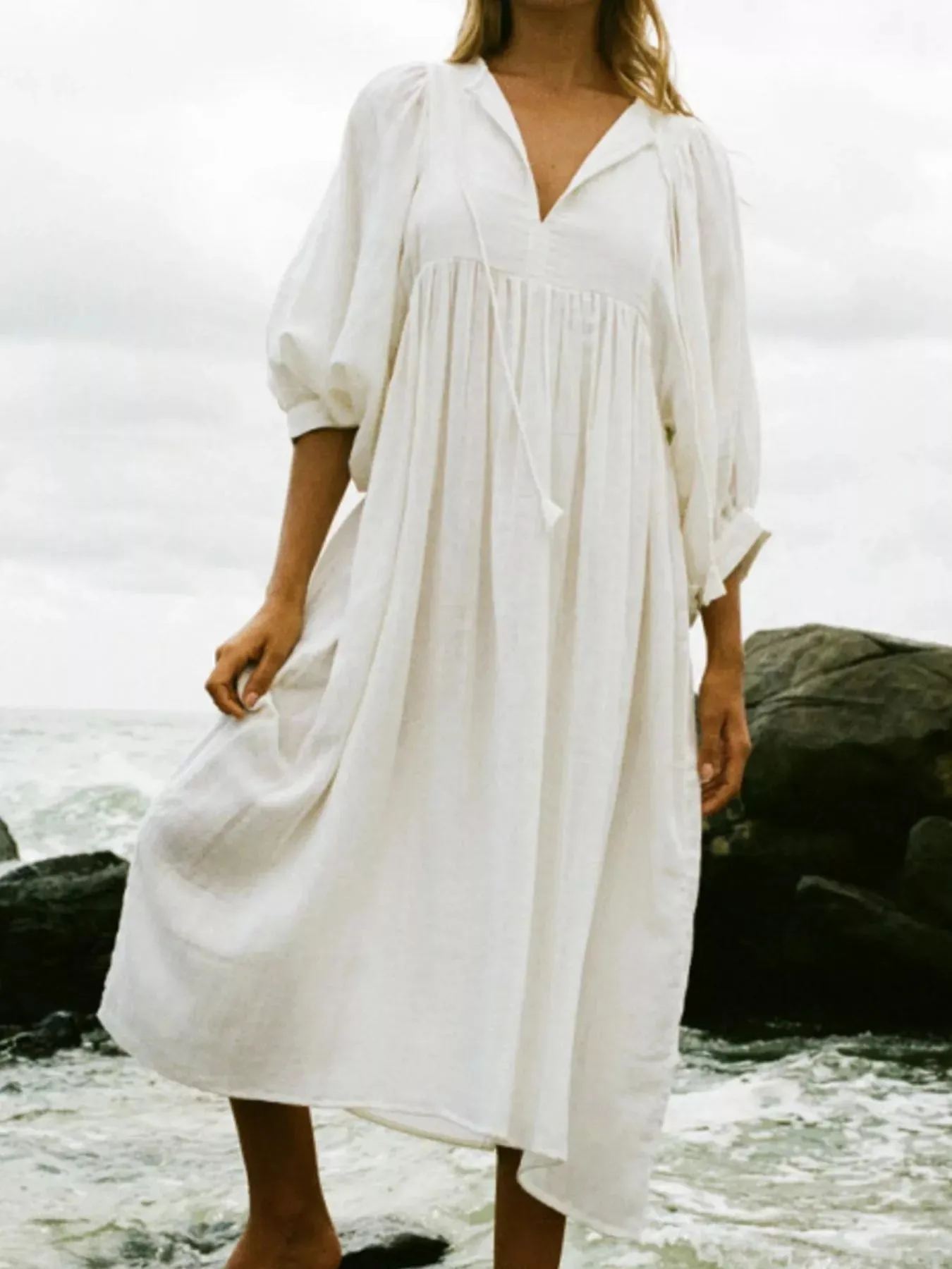 Tie Neck 3/4 Sleeve Midi Dress sold by Charming Charlie