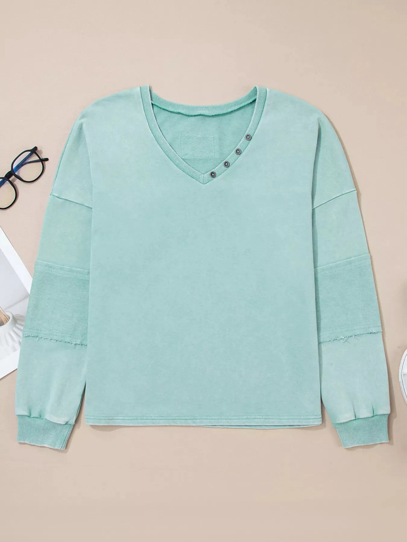 Mineral Wash Exposed Seam Buttoned V Neck Top sold by Charming Charlie product image thumbnail 3