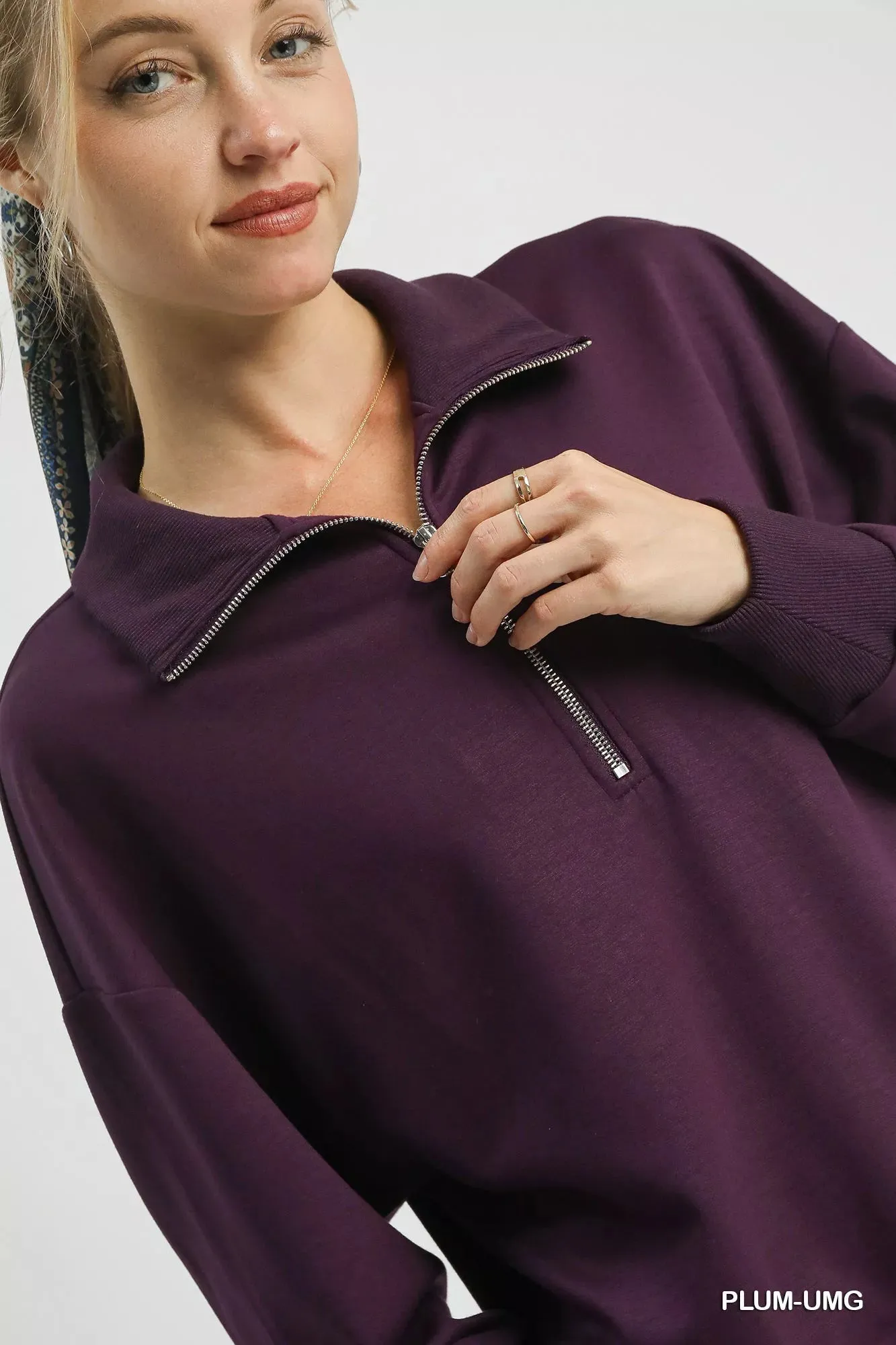 Umgee Half Zip Drop Shoulder Sweatshirt sold by Charming Charlie product image thumbnail 5