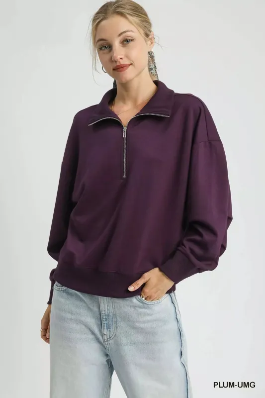 Umgee Half Zip Drop Shoulder Sweatshirt sold by Charming Charlie