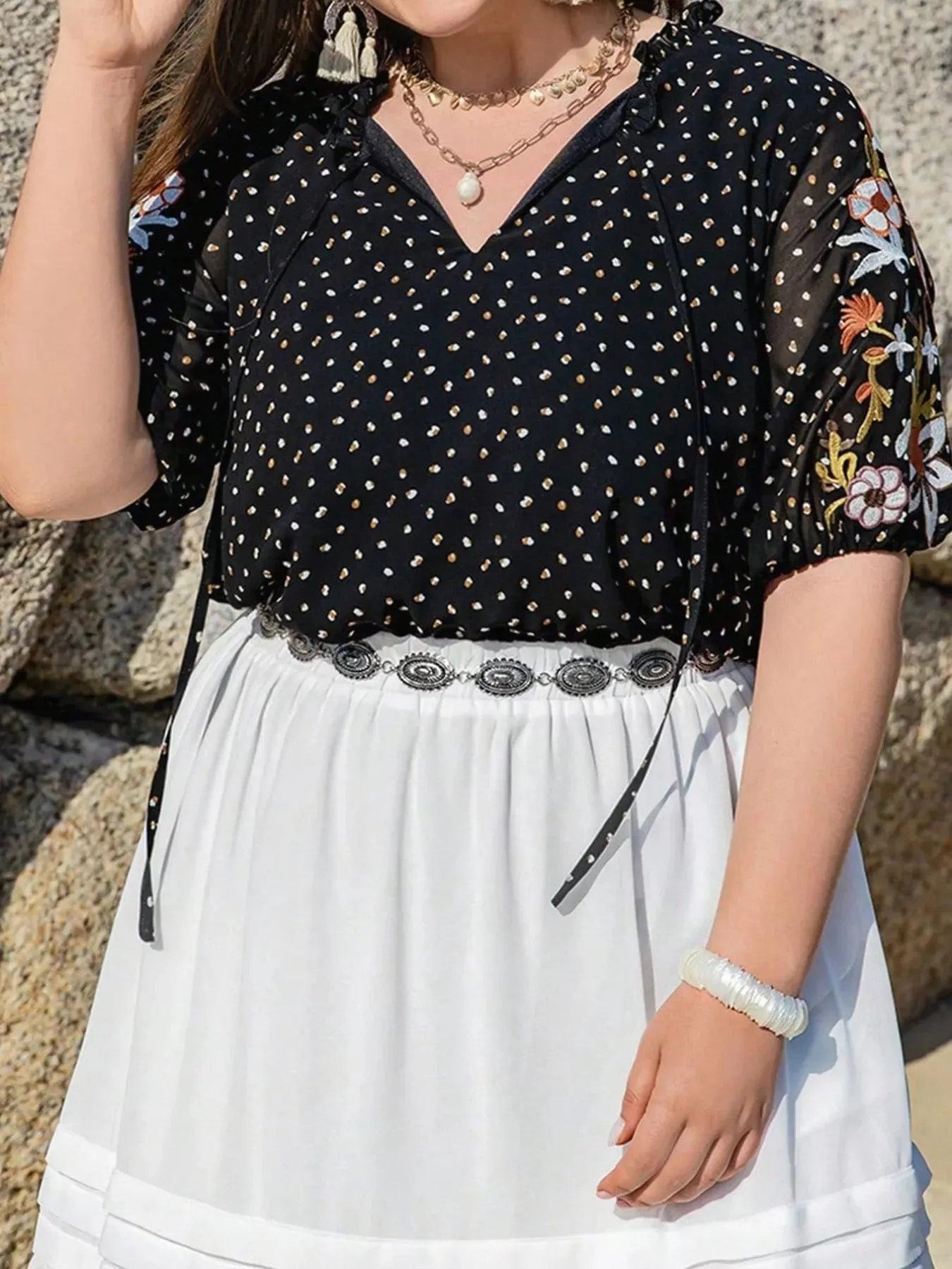 Plus Size Printed Tie Neck Half Sleeve Blouse sold by Charming Charlie product image thumbnail 3