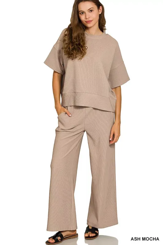 Zenana Ribbed Round Neck Tee & Pants Set sold by Charming Charlie