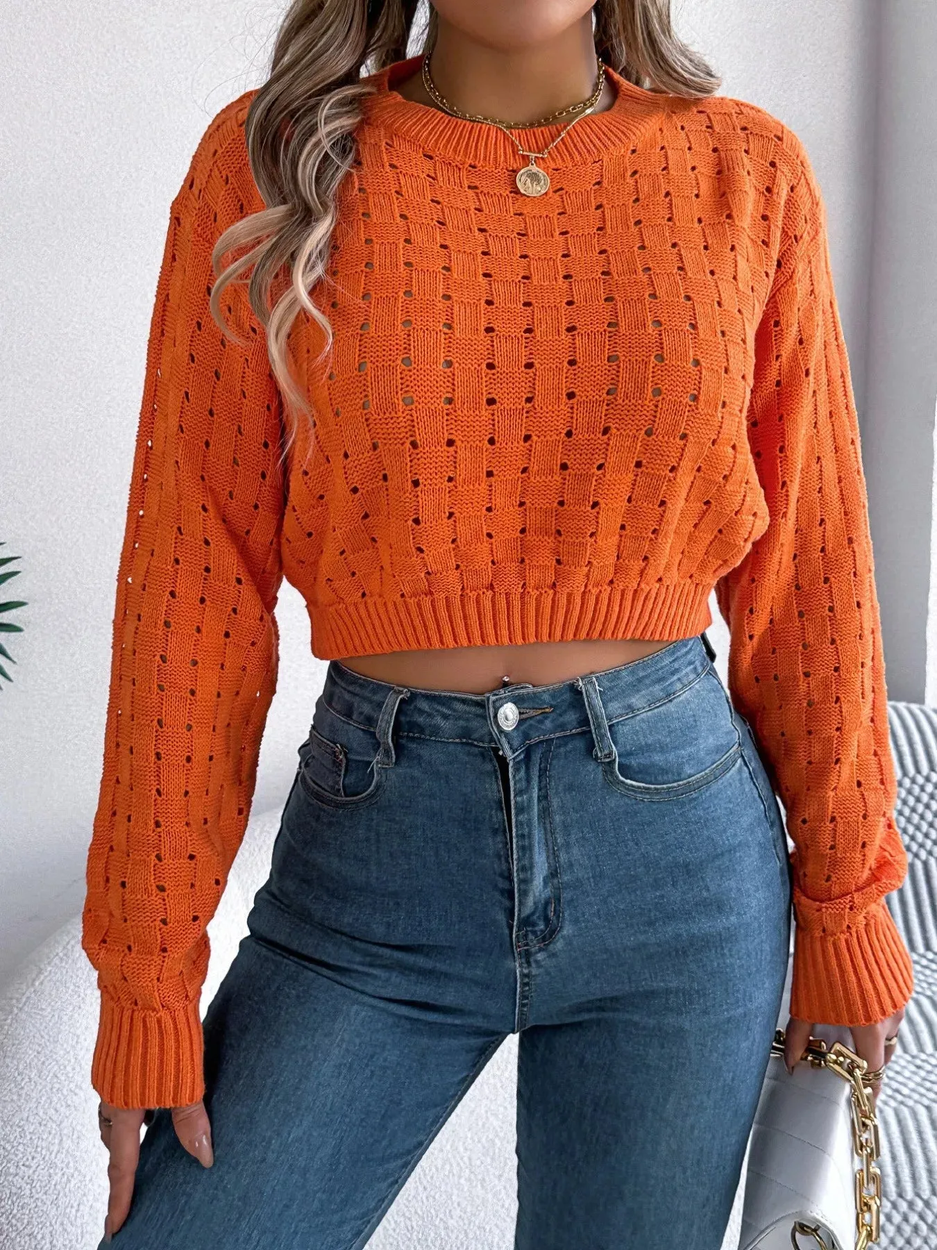 Cutout Back Openwork Round Neck Long Sleeve Sweater sold by Charming Charlie product image thumbnail 4