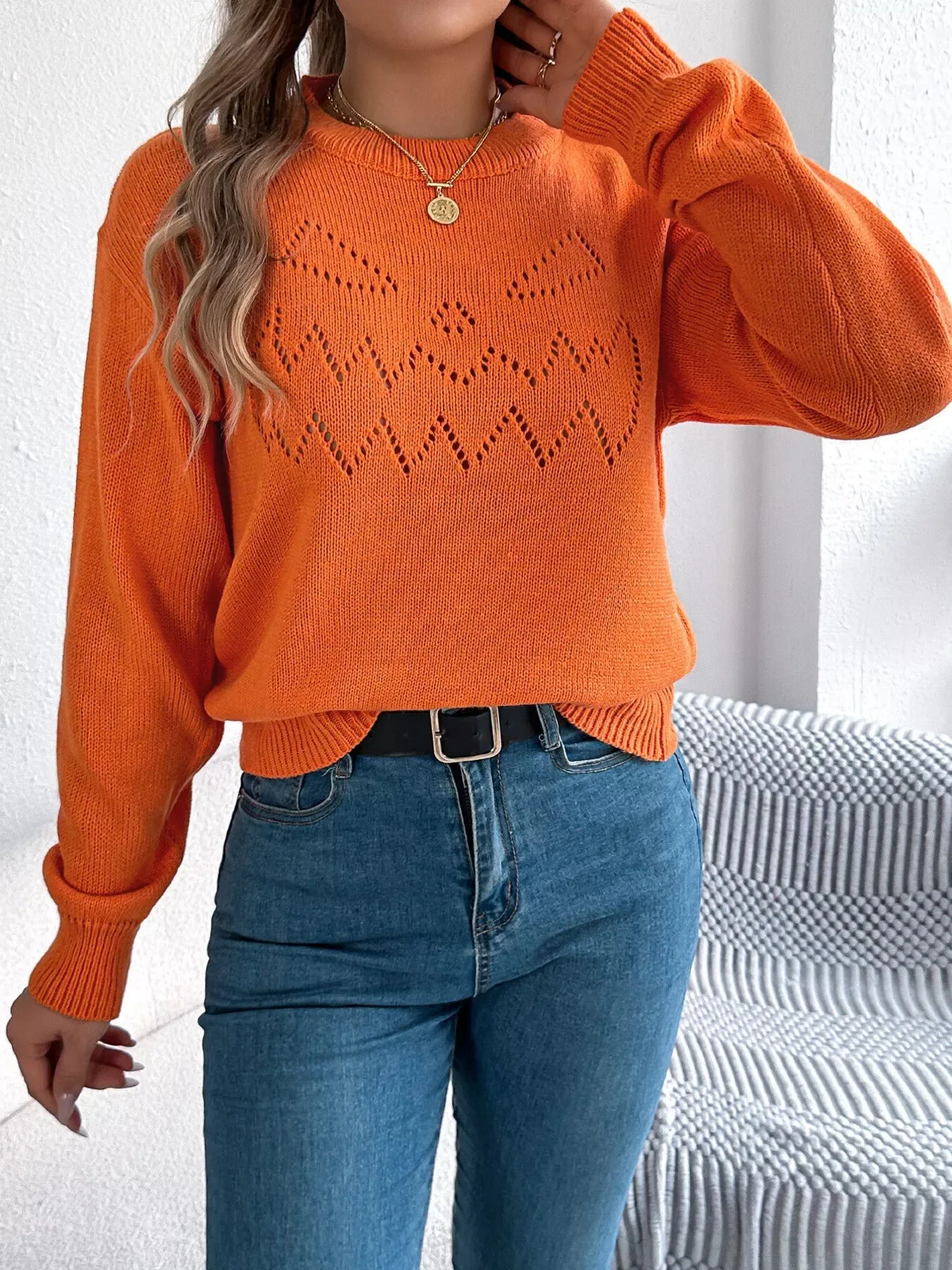 Openwork Round Neck Long Sleeve Sweater sold by Charming Charlie product image thumbnail 4