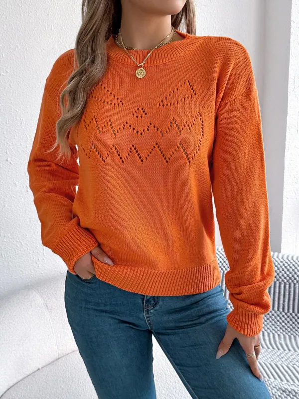 Openwork Round Neck Long Sleeve Sweater sold by Charming Charlie